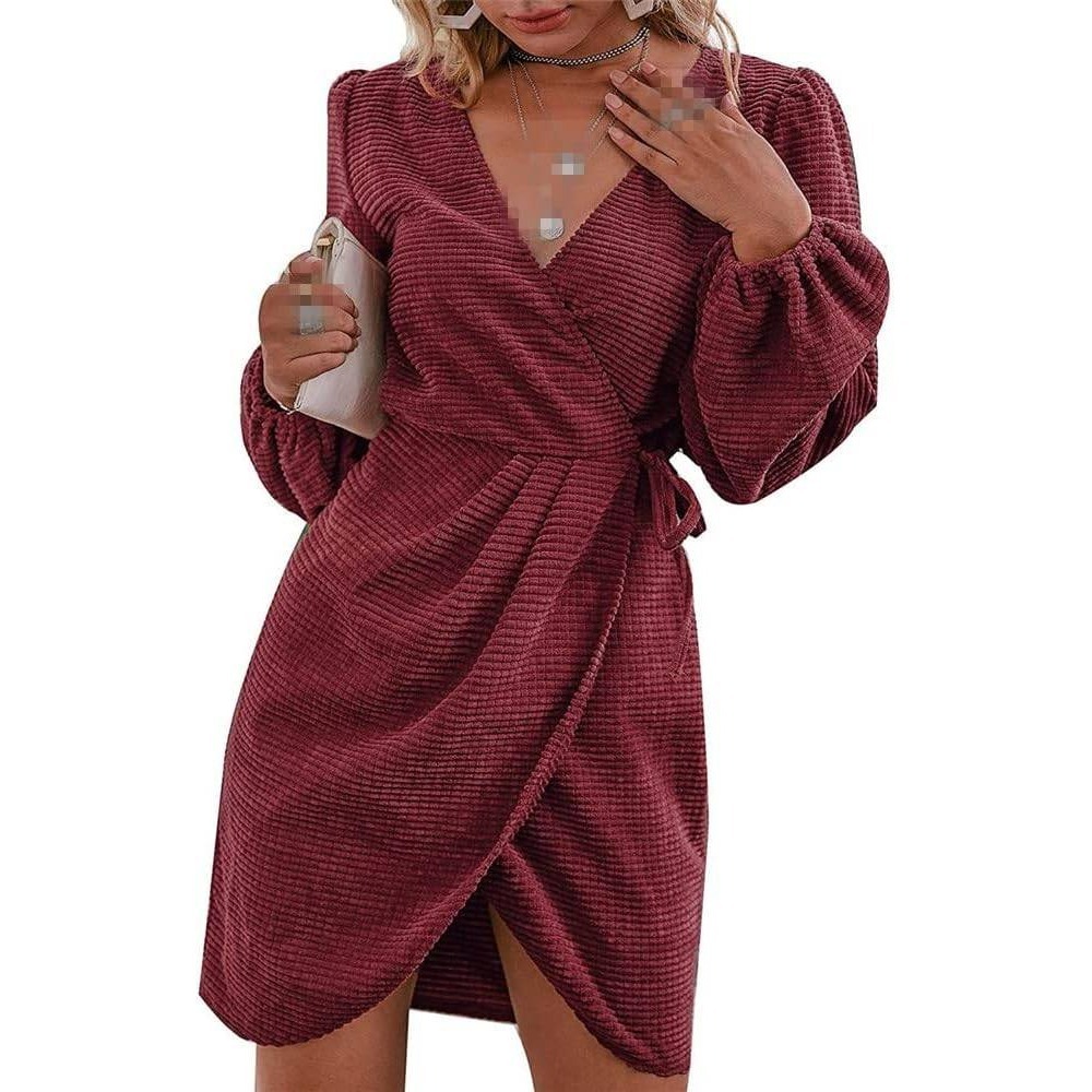 Simplee Red Textured Corduroy Wrap Mini Dress Lantern Sleeve Mens Size M NWT